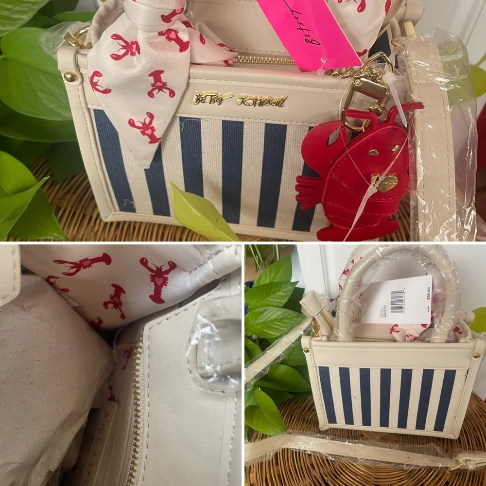 Betsy Johnson Cream & Navy Striped Women’s Tote with Lobster Charm and Scarf - Picture 3 of 3